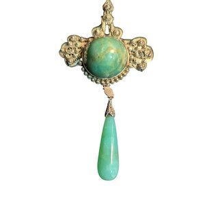 Vintage Czech Peking Glass Pendant Gold Filigree Green Art Deco Dangle Revival